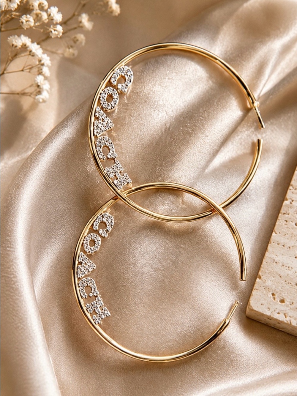 Coach Gold-Tone Crystal Logo Oversized Hoop Earrings - Picture 3 of 3
